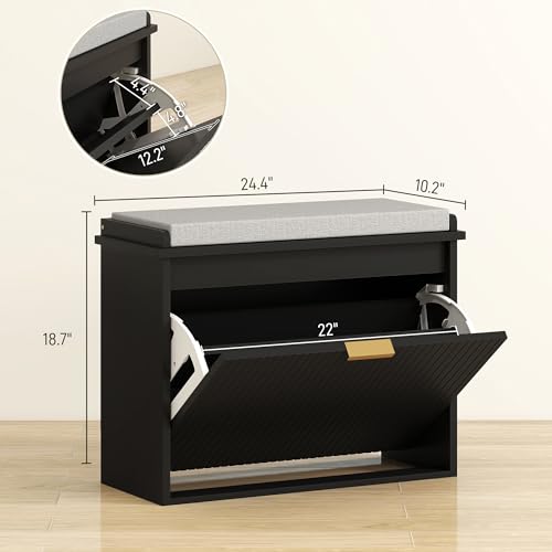 HOMCOM Narrow Shoe Bench with Padded Seat Cushion and Flip-Drawer, Small Entryway Bench Holds up to 265lb, Shoe Cabinet, 24.4x10.2x18.7 Inches, Black - color: Black, size: 24.4" x 10.2" x 18.7"