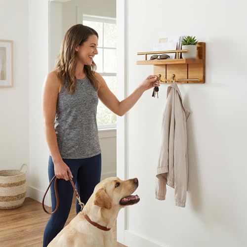 9.8" Teak Wood Key Hooks for Wall, Solid Wood Key Holder Wall Mount, Decorative Mail Organizer with Key Rack and Shelf, Rustic Home Decor for Entryway Living Room Bathroom Bedroom - size: 9.8 inch