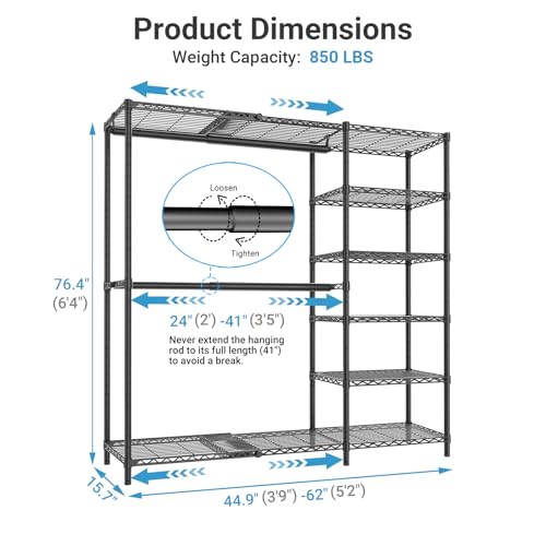 VIPEK X2 Plus Expandable Heavy Duty Clothes Rack Adjustable from 3'9"-5'2" Portable Reach-in & Walk-in Closet Rack System with Flexible Shelves and Hanger Rods Clothing Rack for Hanging Clothes, Black - color: Black, size: X2 Plus