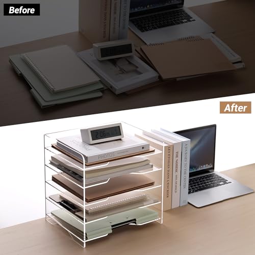 SANRUI Acrylic Desk File Organizer 5 Tier Letter Tray Paper Organizer with Handle for Office, Home, Classroom Clear Desk Organizer Document Holder - style: Enlarged File Tray 5 Tier