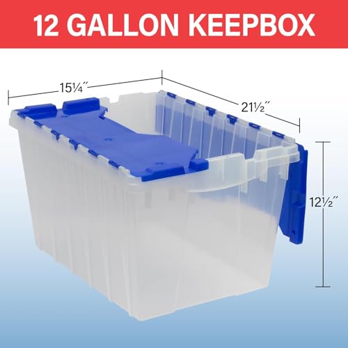 Akro-Mils KeepBox 12 Gallon Storage Container, Nesting and Stackable Plastic Storage Box with Lid Attached, Clear Tote for Garages, Closets, and Moving, 21-1/2" x 15" x 12-1/2", Clear/Blue - color: Clear/Blue, size: 12 Gallons