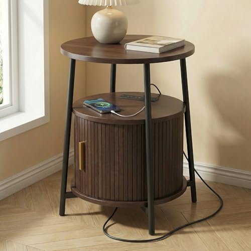 Round End Tables with Drawer: Fluted Side Table with Charging Station, Mid-Century Modern Nightstand with Sliding Door for Small Space Storage, Living Room, Bedroom - color: Dark Walnut, size: 1 PACK