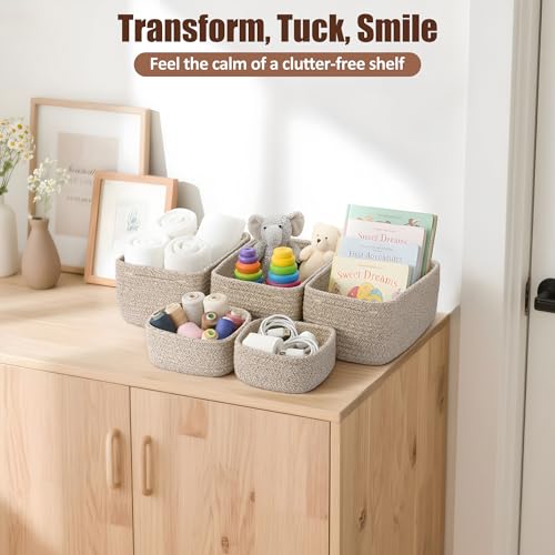 5-Pack Small Woven Rope Storage Baskets – 2 Sizes Organizer Bins for Closet, Shelf, Bookshelf, Nursery, Changing Table, Fabric Cube Boxes, Rectangular Shallow Bins for Bathroom, Toy & Home - color: Natural