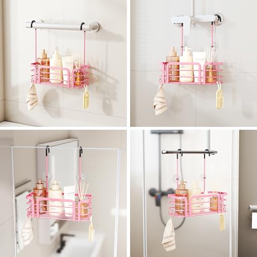 SWTYMIKI Shower Caddy Hanging Organizer - Over the Door Shower Caddy with 6 Hooks, 2 Installation Ways, Stainless Steel Rustproof Bathroom Organizer, Pink Small - color: Pink-1 tier