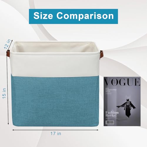 Bagnizer Large Fabric Storage Baskets | 50L Storage Bins, Decorative Linen Closet Baskets with Handles for Organizing, Shelf, Toys, Clothes, Home, Office, Nursery, 17x12x15Inches (Teal&White) - color: Teal / Off-White, size: Extra Large -17"x12"x15"