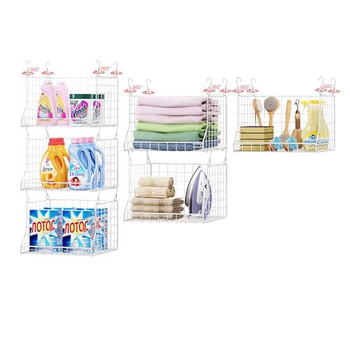 3-Tier Foldable Laundry Basket Organizer with Rotating Hooks - Space-Saving Over Washer and Dryer Shelf for Laundry Room Organization and Storage, Durable Wire Shelving Unit, White