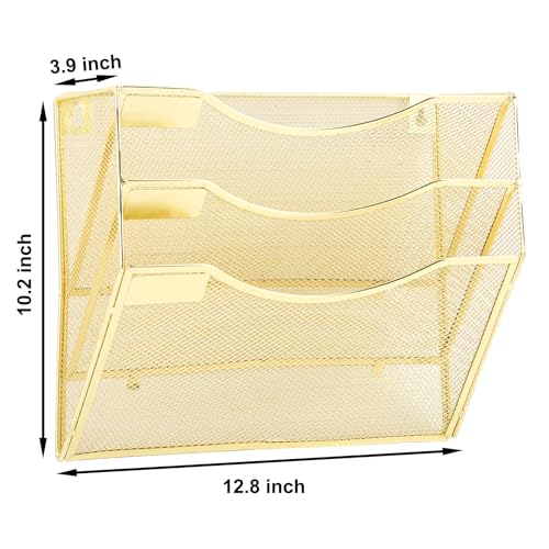 EASEPRES 3 Pocket Mesh Hanging Wall File Organizer, Wall Mounted Mail Paper Document Folder Holder, Clipboard Storage Organization Magazine Rack with Nametag Label for Office Home School, Gold - color: Gold, size: 3 Tier