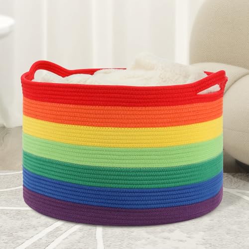 Large Blanket Basket (20"x13"),Woven Basket for Storage Dirty Clothes Basket for Laundry, Living Room, Nursery, Bedroom Rope Storage Basket for Blankets（Rainbow) - color: Rainbow