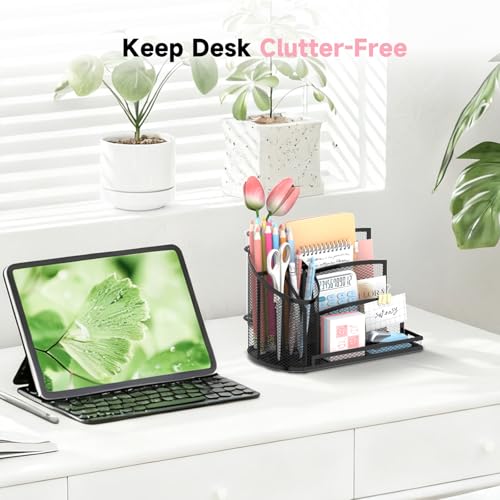 SUPEASY Desk Organizer with 3 Compartment Pen Holder, 3-Slot Mail Organizer and Flower Tube, Metal Mesh Bill Organizer for Pencil, Envelope, Letter and Office Supplies, Black - color: Black with Pen Holder