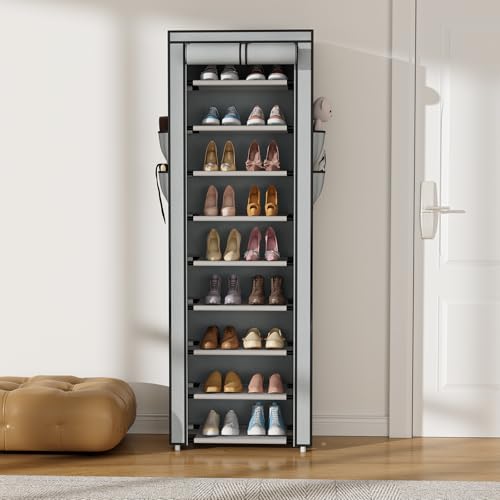 VILICK Shoe Rack with Cover Narrow Shoe Rack Organizer with 4 Side Pockets 10 Tier Tall Shoe Storage Shoe Shelf Holds 18-22 Pairs Shoes and Boots Shoe Rack for Closet, Grey - color: Grey, size: 10 Tiers-17.7" Wide