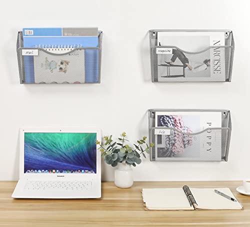 EasyPAG 3 Pack Wall File Organizer with Label Panel, Metal Mesh Hanging File Folder Holder for Letter/A4 Size Folders, Vertical Wall Mount Mail Sorter for Office Paperwork, Classroom, Silver - color: Silver With Panel