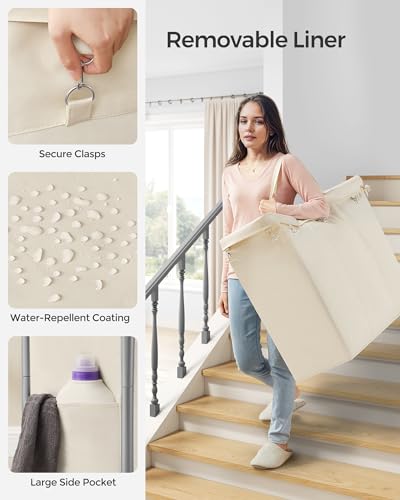 SONGMICS Laundry Basket with Wheels, 3-Section Rolling Laundry Hamper, 52.8 Gallons (200 L), Removable Liner, Steel Frame with Handle, 35.8 x 15.4 x 31.9 Inches, Cream White URLS005W01 - color: Cream White, size: 200 L (3-Section), style: Rectangular with