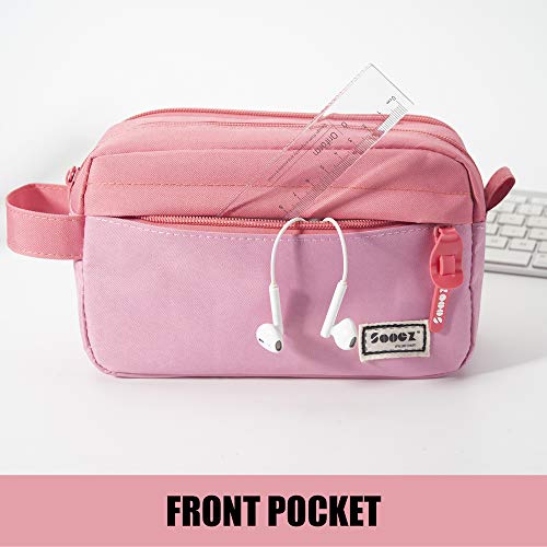 Sooez High Capacity Pencil Case, Big Pencil Bag Pouch Box Organizer Pen Case, Portable Journaling Supplies with Easy Grip Handle & Loop, Asthetic Supply for Girls Adults, Pink - color: Pink