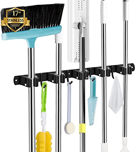 Black 5 Racks and 4 Hooks Mop and Broom Holder Wall Mount, Broom Organizer Storage Tool Racks Stainless Steel Heavy Duty Hooks Self Adhesive Solid Non-slip for Home Kitchen Garden Laundry Garage - color: 5 Racks & 4 Hooks (Black) - 1 Pack