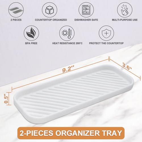 Silicone Organizer Tray, Soap and Sponge Holder for Kitchen Sink, Bathroom - Storage Tray for Dish Brush, Soap Dispenser, Dishwashing Accessories- 2 Pack (White) - color: White, size: 9.2 x 3.6 x 0.5 inches
