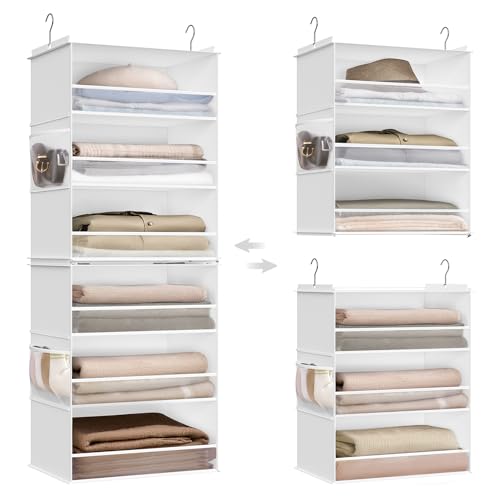 SONGMICS Hanging Closet Organizer, 6-Tier Fabric Storage Shelf, Separable Closet Hanging Shelf with Side Pockets, Foldable, Metal Hooks and Bamboo Inserts, Cloud White URCH007W01 - color: Cloud White, size: 1 Pack