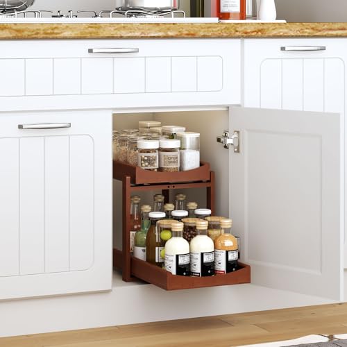 MHXW SXPN Bamboo Under Sink Organizer and Storage, Pull Out Cabinet Organization, 2 Tier Vertical Slide Out Undersink Storage Shelf, Organizer Shelves for Kitchen Bathroom Medicine (Brown, 2 Pack) - color: Brown, size: 2 Pack