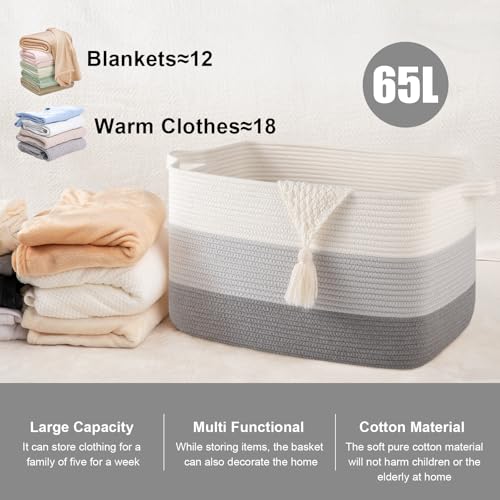 65L Cotton Rope Large Blanket Basket (19.7"x15.7"x11.8") for Living Room, Kids Room & Laundry, Storage Basket with Handle for Organizing Blankets, Pillows, Clothes & Toys, Gradient Grey - color: Gradient Grey, size: 19.7"x15.7"x11.8"