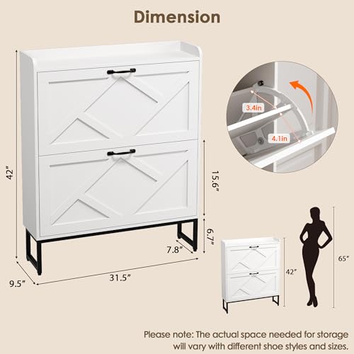Nicetree Shoe Storage Cabinet with 2 Flip Drawers, Freestanding Shoe Organizer, Shoe Cabinet with Metal Legs, Narrow Shoe Rack Cabinet, Farmhouse Slim Shoe Cabinet for Entryway, Foyer, Hallway, White - color: White, style: 2-Drawers