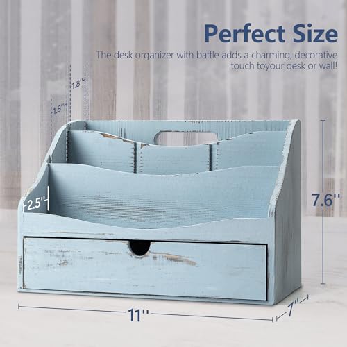 Rebee Vision Pine Wooden Mail Organizer for Desk - Rustic Farmhouse Mail Holder for Desk Organization with Drawer & Dividers - 4-Slot Letter Sorter, File Storage & Home Office Decor (Blue) - color: B-Blue