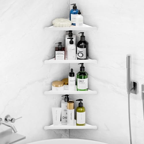Fikoksol Shower Caddy, 4 Pack Bathroom Corner Shelf, Triangle Shelf Storage for Bathroom Shower, White Metal Shower Shelf & Rustproof Wall Mounted Adheisve Glue Organizer Accessories and Essentials - color: White, 4pc