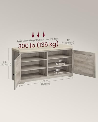 VASAGLE Shoe Storage Bench with Cushion, 3-Tier Entryway Bench with Padded Seat, Doors, Adjustable Shelves, 14 x 39.8 x 20.7 Inches, Hallway, Bedroom, Heather Greige and Cappuccino Beige ULSB044L01 - color: Heather Greige + Cappuccino Beige, size: 14"D x