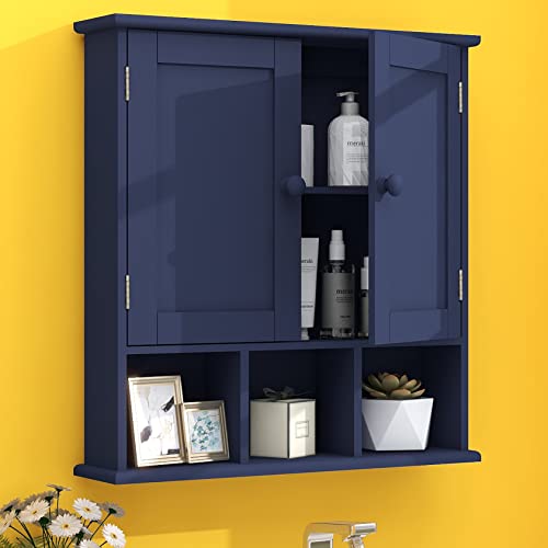 TaoHFE Blue Bathroom Over The Toilet Storage Cabinet,Wall Medicine Cabinet Organizer with 2 Door Adjustable Shelves,Wooden Modern Bathroom Shelves Wall Mounted Laundry Room - color: Blue