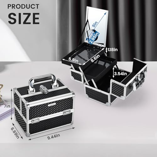 Joligrace Makeup Box Cosmetic Train Case Portable Makeup Organizer Case with Mirror 2 Tray Make up Storage Case for Nail Teach Craft Sewing Travel Vanity Modern Style Black - color: Black