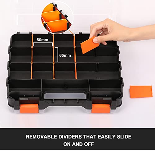 CASOMAN Double Side Tool Organizer, with Impact Resistant Polymer and Customizable Removable Plastic Dividers, Hardware Box Storage, Excellent for Screws,Nuts,Small Parts, Black/Orange. 2-Pieces Pack - size: 2 Piece Set, Black/Orange