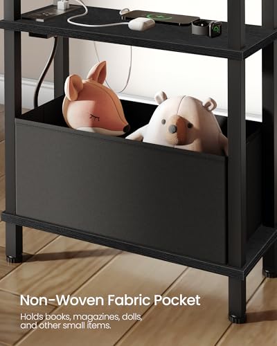 CHOEZON Small Narrow Side Table with Charging Station, Skinny End Table with Fabric Basket, Slim Nightstand for Small Spaces, Sofa Side Table, for Living Room, Bedroom, Black TBZ07UBB - color: Black