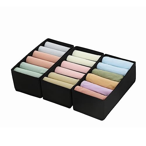 Qozary 3 Pack Sock Underwear Drawer Organizer Dividers, Non-Woven Fabric Collapsible Cabinet Closet Storage Boxes for Clothes, Socks, Lingerie, Underwear, Tie, Belt, Baby, Bedroom (Black, 6 Cells) - color: Black, size: 6 Cells