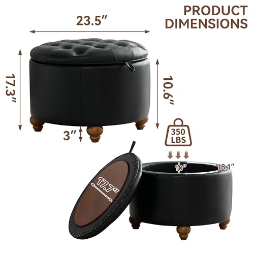 WUTUTUEE 24Inch Round Storage Ottoman with Tray, Modern Tufted Leather Circle Coffee Table with Storage, Upholstered Ottoman with Removable Top for Living Room, Bedroom, Leather Black - color: Leather Black, size: 24 Inch