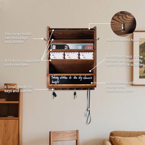 Rustic wall mail organizer,Key and Mail File Holder for Wall Mount，with 6 Key Hooks 2 Double Key Hooks A blackboard,for Home,Office, Classroom,Entryway Decor (brown) - color: brown