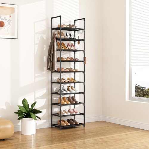 LANTEFUL 10 Tiers Shoe Rack 25 Pairs Large Capacity Tall Shoe Organizer Sturdy Shoe Storage with Two Hooks Space Saving Metal Narrow Shoe Rack for Closet, Entryway, Bedroom, Black - color: Black, size: 10 Tier-68" High-17" Wide