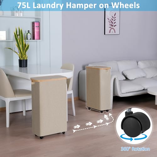 efluky Slim Laundry Hamper with Wheels, Narrow Laundry Basket with Lid and Removable Bag, Aesthetic Dirty Clothes Hamper on Wheels for Laundry Room, Bedroom, Dorm and Bathroom, 75L Beige - color: Oatmeal, size: 75L