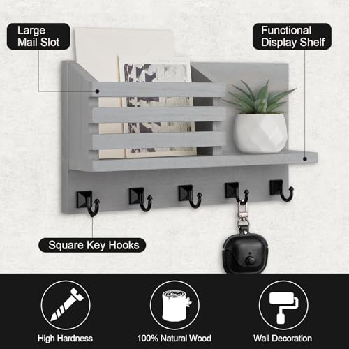 Key Holder Wall Mount, Mail Organizer for Wall with 5 Square Rustic Key Hooks Key Shelf Farmhouse Home Decor for Entryway - color: Gray