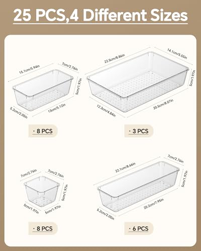 KEMETHY 25 PCS Plastic Drawer Organizers Set, 4 Sizes Vanity Organizer, Makeup and Desk Drawer Organizer Trays, Organization and Storage for Makeup, Bathroom, Kitchen Utensils and Office (Clear) - color: Clear