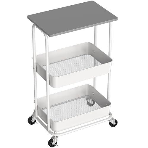 Simple Houseware 2-Tier Rolling Utility Cart with Lockable Wheels and Wood Top, Metal Storage Organizer Trolley for Kitchen, Bathroom, Office, Craft Room, Grey - color: Grey