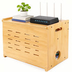 Fullin Upgrade WiFi Router Storage Box Hider, Large Capacity Projector Shelf, Wall Mount or Desktop Cable Management Box, Bamboo Modem Organizer Power Strip Hider Rack Need Assembly