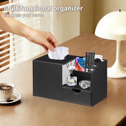PUSU Square Tissue Box Cover with Storage Drawer, PU Leather Facial Tissues Cube Boxes Holder, Modern Makeup Remote Control Holder, Nightstand Organizer Caddy for Bathroom Vanity, Office, Home Decor - color: Black Cowhide