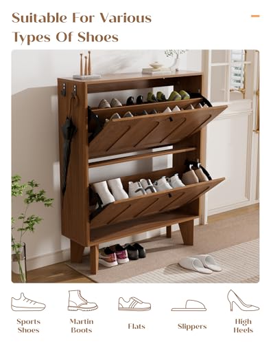 31.5" Shoe Storage Cabinet with 2 Flip Drawers, Narrow Shoe Cabinet for Entryway, Wood Shoe Rack Cabinet for Hallway, Walnut - color: Arched
