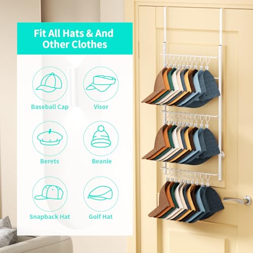 HapiRm Over Door Hat Rack - 3 Tier Wall Mounted Hat Organizer with 30 Movable Clips, Baseball Cap Organizer Storage Holds up to 30 Caps for Door, Bedroom, Closet - color: Clips White, size: 3 Tier