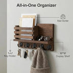 Wall Key and Mail Holder, Mail Organizer with 5 Metal Key Hooks, Selected Tung Wood, 11.8 x 6.7 inches, Includes mounting Hardware (Brown) - color: Brown