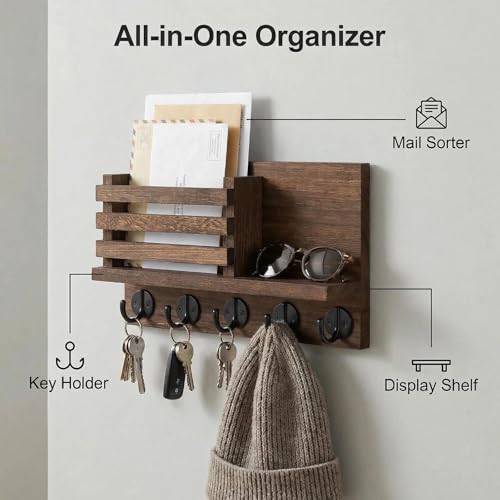 Wall Key and Mail Holder, Mail Organizer with 5 Metal Key Hooks, Selected Tung Wood, 11.8 x 6.7 inches, Includes mounting Hardware (Brown) - color: Brown