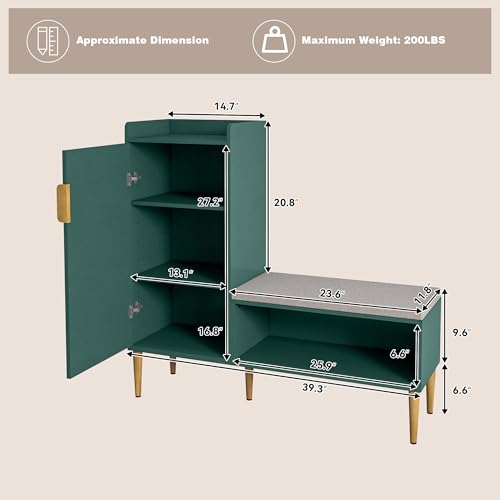 Storage Bench with Fluted Door&Shelf, Modern Entryway Bench with Padded Seat, L-Shaped Shoe Organizer Cabinet for Hallway, Living Room, Office, Green - color: Green