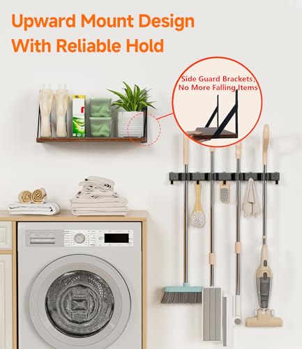 2Pack Broom Holder Wall Mount with Organizer Shelf, Space-Saving Broom and Mop Organizer Wall Hanging with 8 Broom Slots 10 Removable Hooks, Laundry Room Shelves for Laundry Room Garage Garden Closet