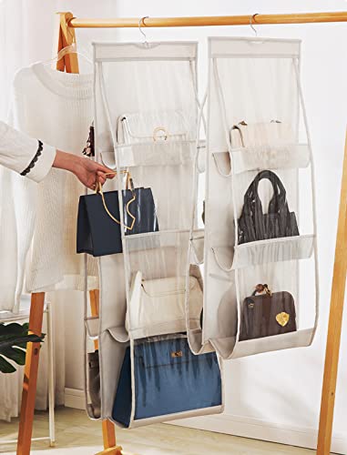 AARAINBOW 2 Pack Hanging Handbag Purse Organizer, 8 Pockets, Wardrobe Closet Space Saving Transparent Hand Bags Holder, 43.3L x 14.1W (Gray+Beige) - color: Gray+Beige