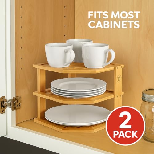 2-Pack Plate Organizer for Cabinet - Bamboo Corner Shelf for Kitchen or Bathroom Storage, Space-Saving Rack for Dishes, Countertop, Cabinet, Pantry - Organization & Housewarming Gift - color: 2-pack