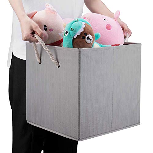 Foldable Bamboo Fabric Storage Bins [set of 4] with Cotton Rope Handles, Collapsible Organizer Boxes Basket - 10.5 x 10.5 x11 inch (Gray) - color: Gray