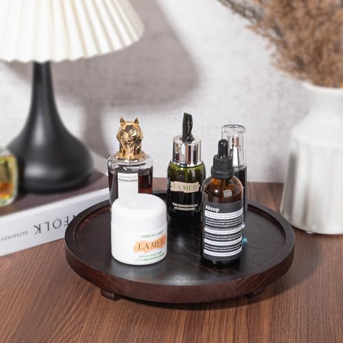 Round Decorative Tray Wood Bathroom Counter Organizer Farmhouse Kitchen Decor Wooden Riser for Soap Dish, Perfume, Candle, Sponge, 10" - Walnut - color: Walnut, size: 10"